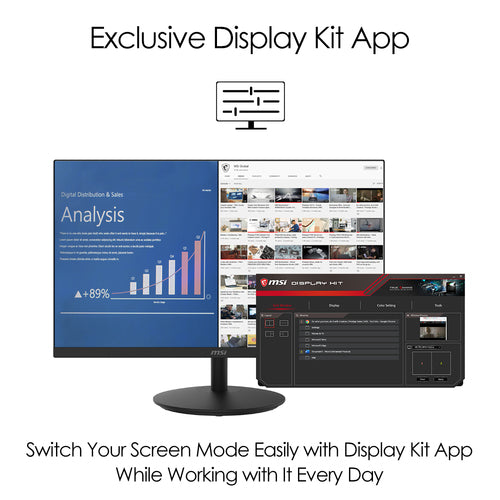 MSI Pro MP242 23.8 Inch Monitor, Full HD (1920 x 1080), 75Hz, IPS, 5ms, HDMI, VGA, Built-in Speakers, Anti-Glare, Anti-Flicker, Less Blue light, TÜV Certified, VESA, Kensington, Black