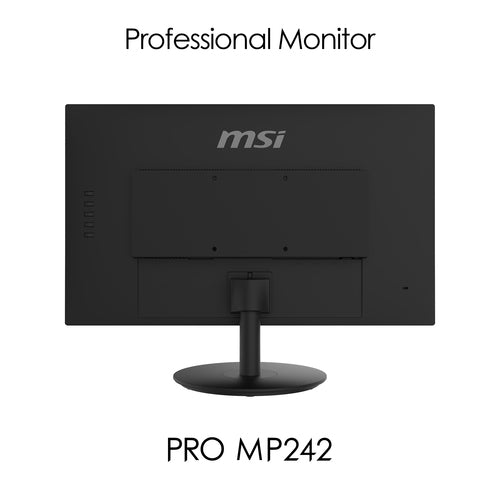MSI Pro MP242 23.8 Inch Monitor, Full HD (1920 x 1080), 75Hz, IPS, 5ms, HDMI, VGA, Built-in Speakers, Anti-Glare, Anti-Flicker, Less Blue light, TÜV Certified, VESA, Kensington, Black