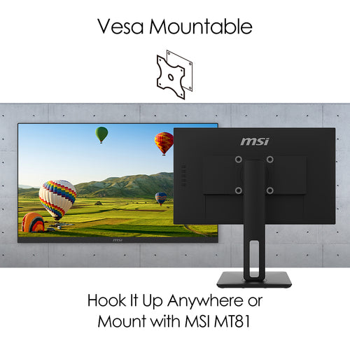 MSI Pro MP271P 27 Inch Monitor with Adjustable Stand, Full HD (1920 x 1080), 75Hz, IPS, 5ms, HDMI, VGA, Built-in Speakers, Anti-Glare, Anti-Flicker, Less Blue light, TÜV Certified, VESA, Kensington, Black