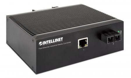 Intellinet Industrial Fast Ethernet Media Converter, 100Base-TX to 100Base-FX (SC) Single-mode, 20 km, IP40-rated Metal Housing, DIN-rail Mount