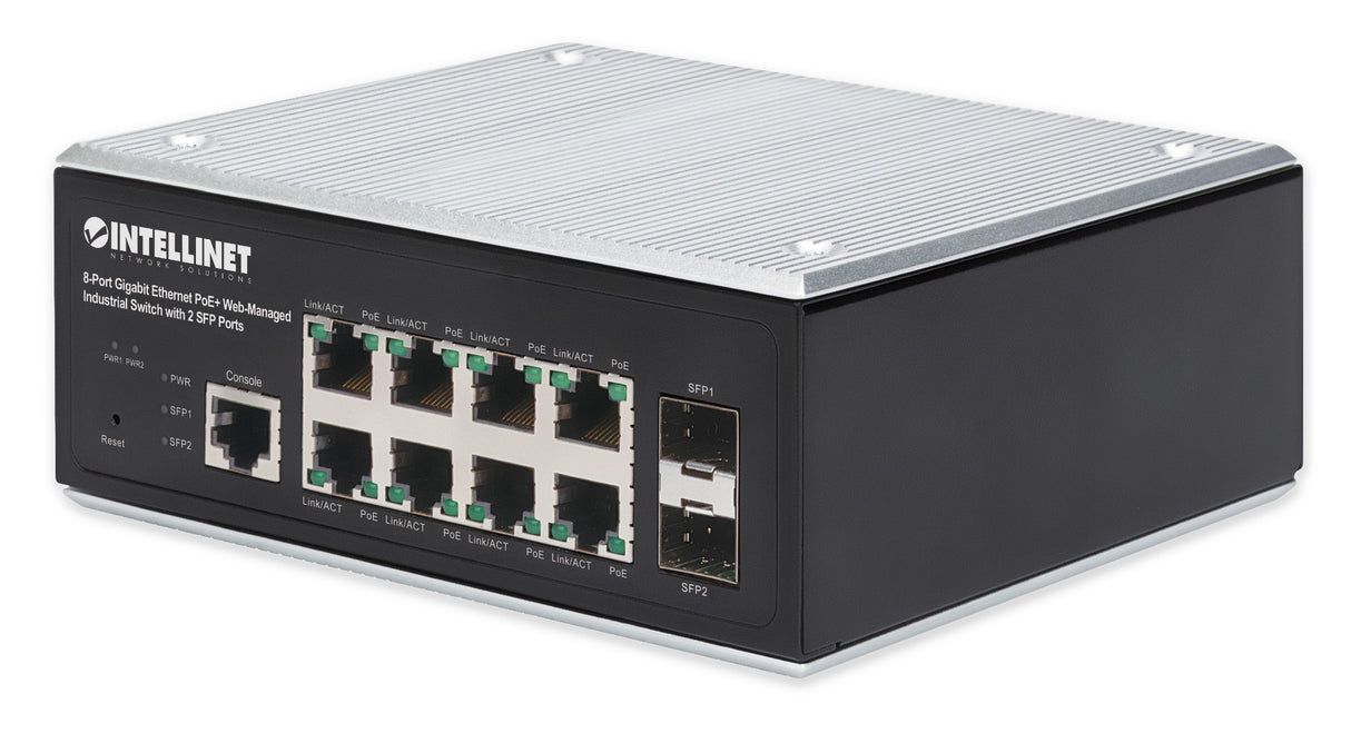Intellinet Industrial 8-Port Gigabit Ethernet PoE+ Layer 2+ Web-Managed Switch with 2 SFP Ports IEEE 802.3at/af (PoE+/PoE) Compliant, PoE Power Budget up to 240 W, Layer 2+/Layer 3 Lite, IP30-Rated Metal Housing, Self-Healing Network, Endspan...