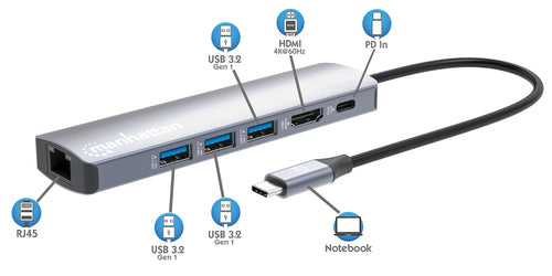 Manhattan USB-C Dock/Hub, Ports (x6): Ethernet, HDMI, USB-A (x3) and USB-C, with Power Delivery (PD) 100W- requires external USB-C charger (not included). USB powered (no external power supply required) when PD is not in use