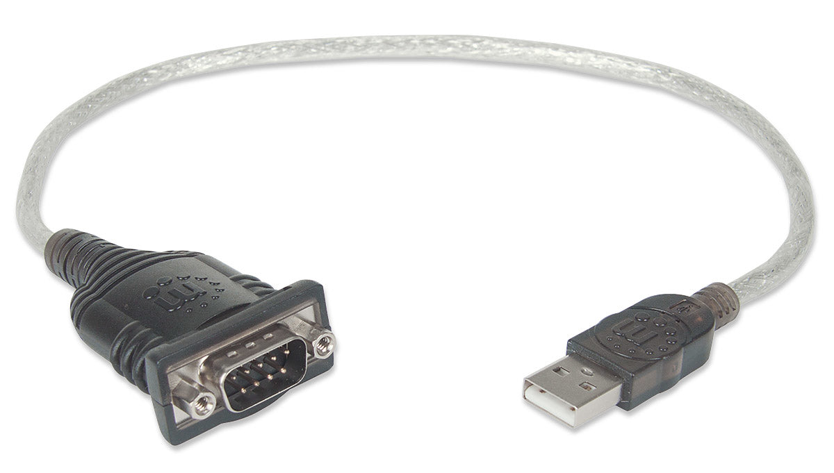 Manhattan USB-A to Serial Converter cable, 45cm, Male to Male, Serial/RS232/COM/DB9, Prolific PL-2303RA Chip, Black/Silver cable, Three Year Warranty, Equivalent to ICUSB232V2