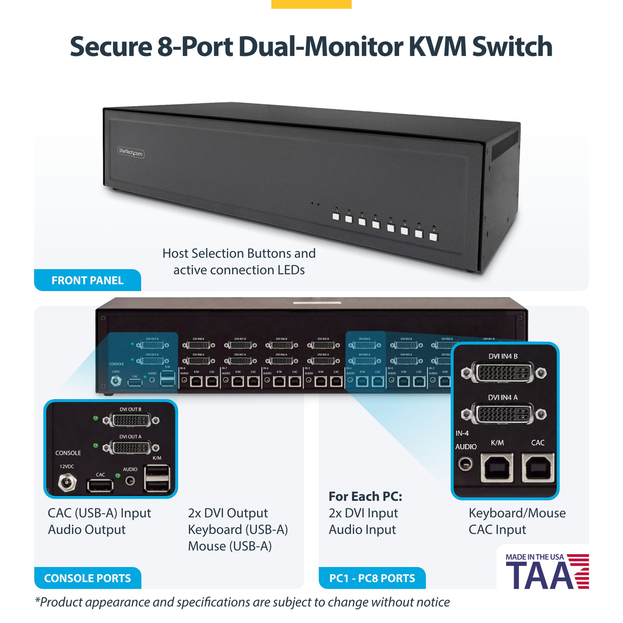 StarTech.com Secure 8-Port Dual-Monitor KVM Switch, DVI, NIAP 4.0 Desktop KVM, Metal Housing, CAC Port, Made in the USA
