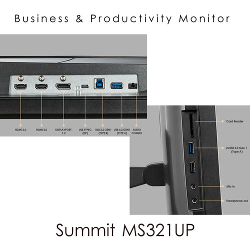 MSI Summit MS321UP 32 Inch Monitor with Adjustable Stand, UHD (3840 x 2160), 16:9, 60Hz, IPS, 4ms, HDMI, DisplayPort, USB Type-C, Built-in USB Hub, Anti-Glare, Anti-Flicker, Less Blue light, VESA, Kensington, Black