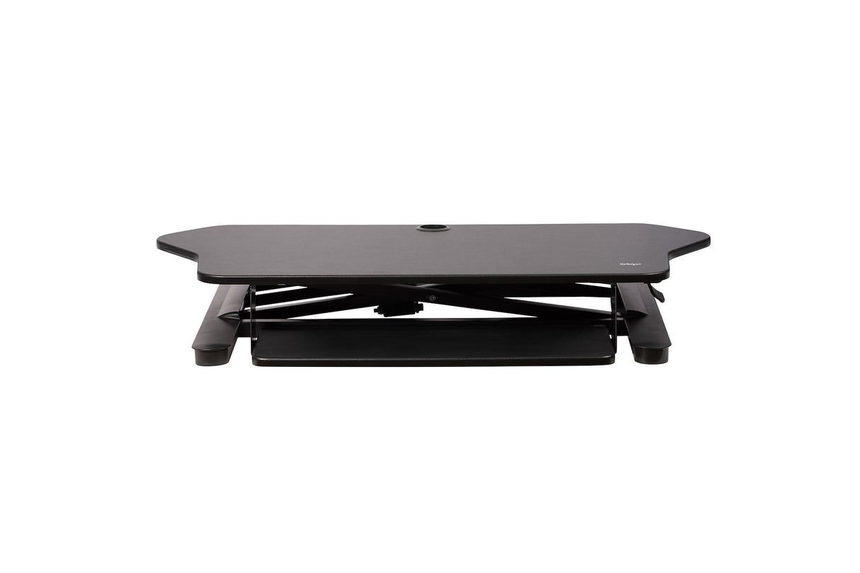 StarTech.com Corner Sit Stand Desk Converter with Keyboard Tray - Large Surface (35" x 21") - Height Adjustable Ergonomic Desktop/Tabletop Standing Workstation - Supports Dual Monitors - TAA