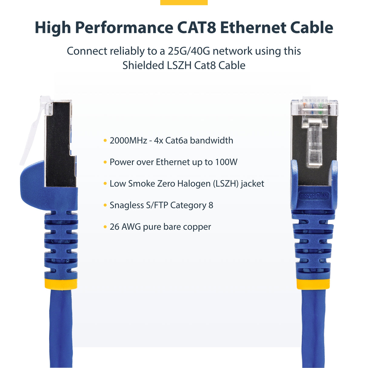StarTech.com 6in Blue CAT8 Ethernet Cable, Snagless RJ45, 25G/40G, 2000MHz, 100W PoE++, S/FTP, 26AWG Pure Bare Copper Wire, LSZH, Shielded Network Patch Cord w/Strain Reliefs, Individually Tested