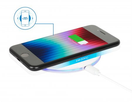 Manhattan Smartphone Wireless Charging Pad, Up to 15W charging (depends on device), QI certified, USB-C to USB-A cable included, USB-C input into pad, Cable 80cm, White, Three Year Warranty