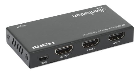 Manhattan HDMI Switch 2-Port, 8K@60Hz, Connects x2 HDMI sources to x1 display, Automatic Switching, Includes Micro-USB to USB-A power cable, Black, Three Year Warranty