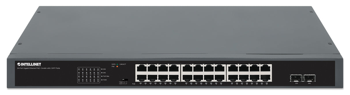 Intellinet 24-Port Gigabit Ethernet PoE+ Switch with 2 SFP Ports IEEE 802.3at/af (PoE+/PoE) Compliant, 370 W PoE Power Budget, Two 1G SFP Open Slots, Self-Healing Network, 19" Rackmount