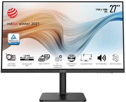 MSI Modern MD272P 27 Inch Monitor with Adjustable Stand, Full HD (1920 x 1080), 75Hz, IPS, 5ms, HDMI, DisplayPort, USB Type-C, Built-in USB Hub, Built-in Speakers, Anti-Glare, Anti-Flicker, Less Blue light, TÜV Certified, VESA, Kensington, Black