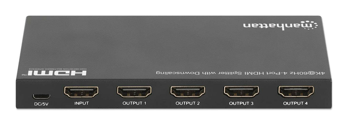 Manhattan HDMI Splitter with downscaling 4-Port , 4K@60Hz, Displays output from x1 HDMI source to x4 HD displays (same output to four displays), Downscale button to adjust a 4K input signal into 1080p, Micro-USB to USB-A power cable included (cable...