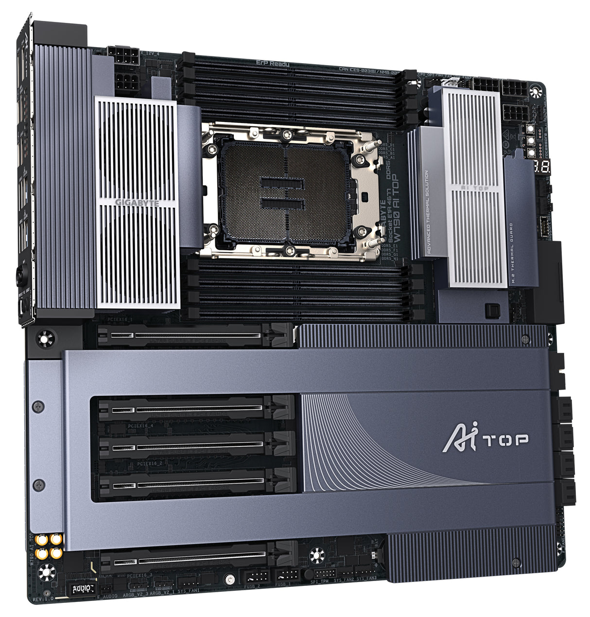 GIGABYTE W790 AI TOP Motherboard - Supports Intel Xeon CPUs, 16+2+2 phases VRM, up to 5600MHz DDR5 (OC), 4xPCIe 5.0 + 2xPCIe 4.0 M.2, Wi-Fi 7, 10 GbE LAN, Thunderbolt 4
