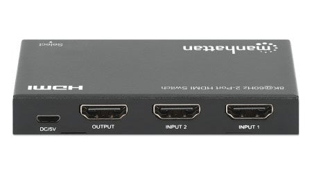 Manhattan HDMI Switch 2-Port, 8K@60Hz, Connects x2 HDMI sources to x1 display, Automatic Switching, Includes Micro-USB to USB-A power cable, Black, Three Year Warranty