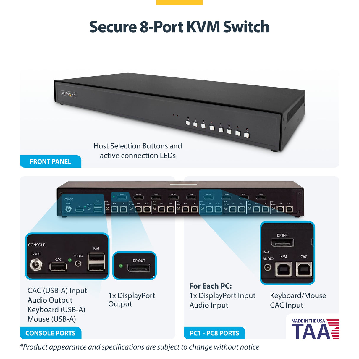 StarTech.com Secure 8-Port KVM Switch, DisplayPort, 4K 60Hz, NIAP 4.0 Desktop KVM, CAC, Metal Housing, Made in the USA