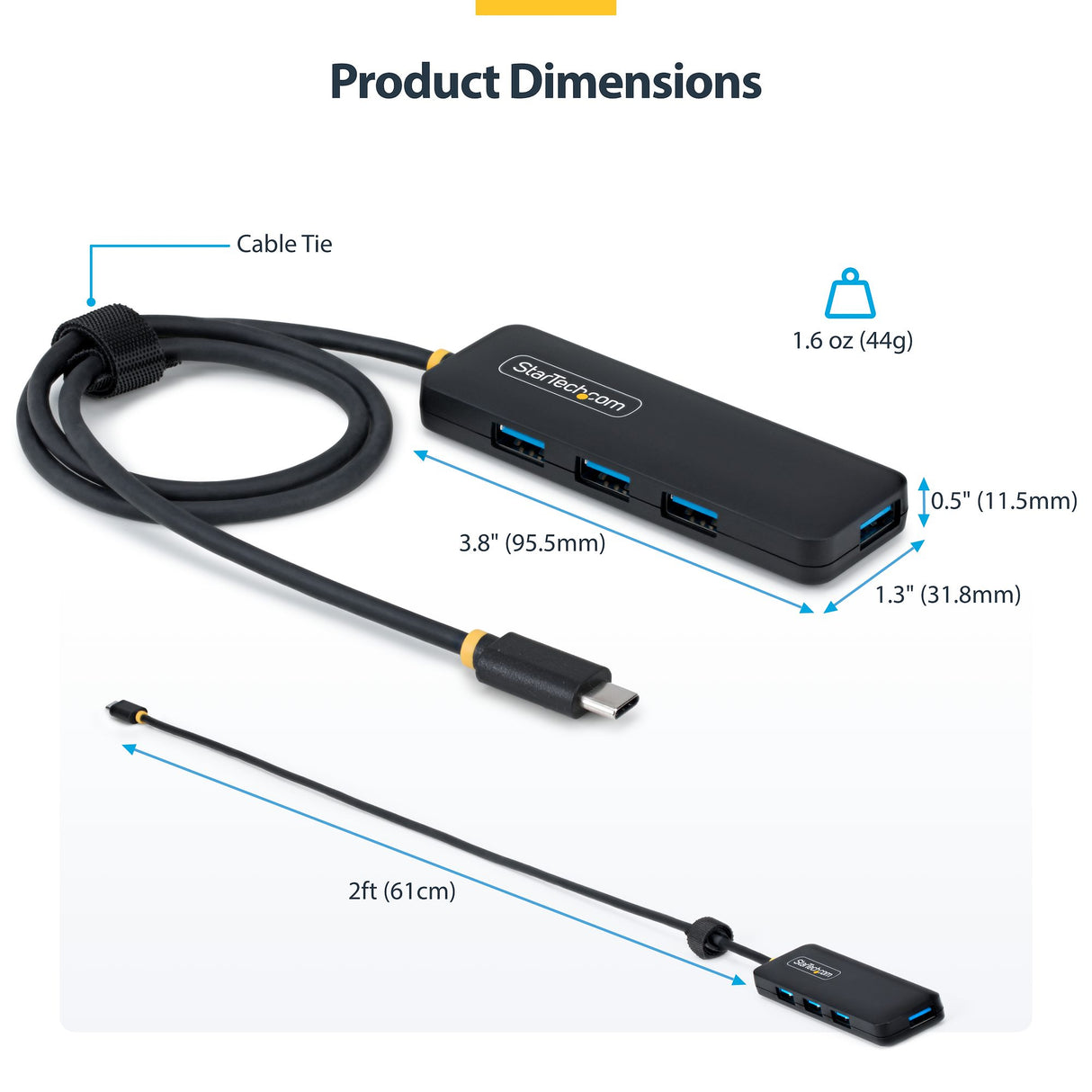 StarTech.com 4-Port USB-C Hub, 5Gbps, Bus Powered, USB-C to 4x USB-A Mini Hub, Extra Long 2ft/61cm Host Cable, PCR Plastic, Portable Desktop / Laptop USB Hub