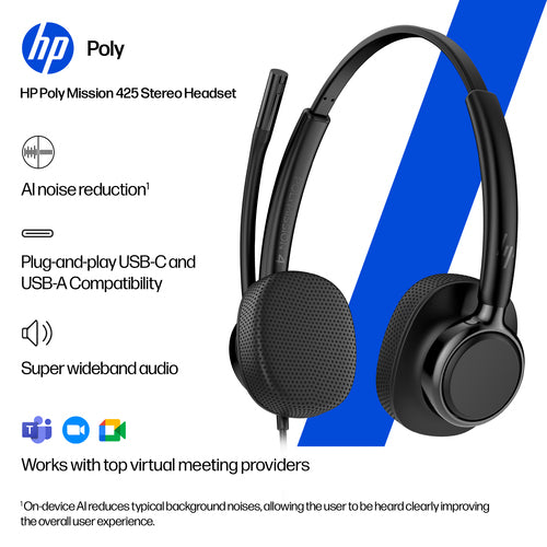 HP Poly Mission 425 Stereo USB Wired Headset TAA