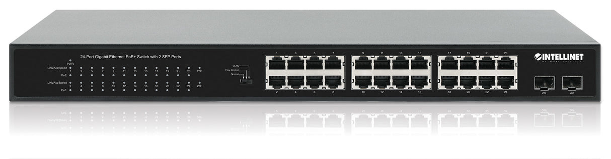 Intellinet 24-Port Gigabit Ethernet PoE+ Switch with 2 SFP Ports IEEE 802.3at/af (PoE+/PoE) Compliant, PoE Power Budget of 370 W, Two 1G SFP Open Slots, 19" Rackmount