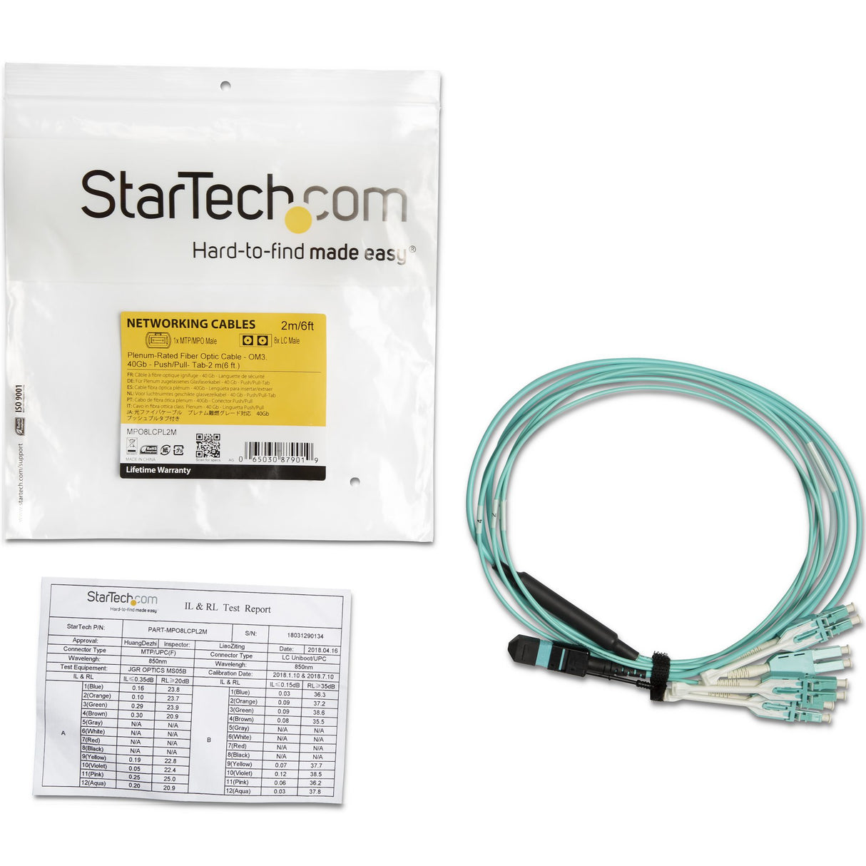 StarTech.com 2m (6ft) MTP(F)/PC to 4x LC/PC Duplex Breakout OM3 Multimode Fiber Optic Cable, OFNP Plenum, 40G Networks, Low Insertion Loss - Fiber Jumper Cord