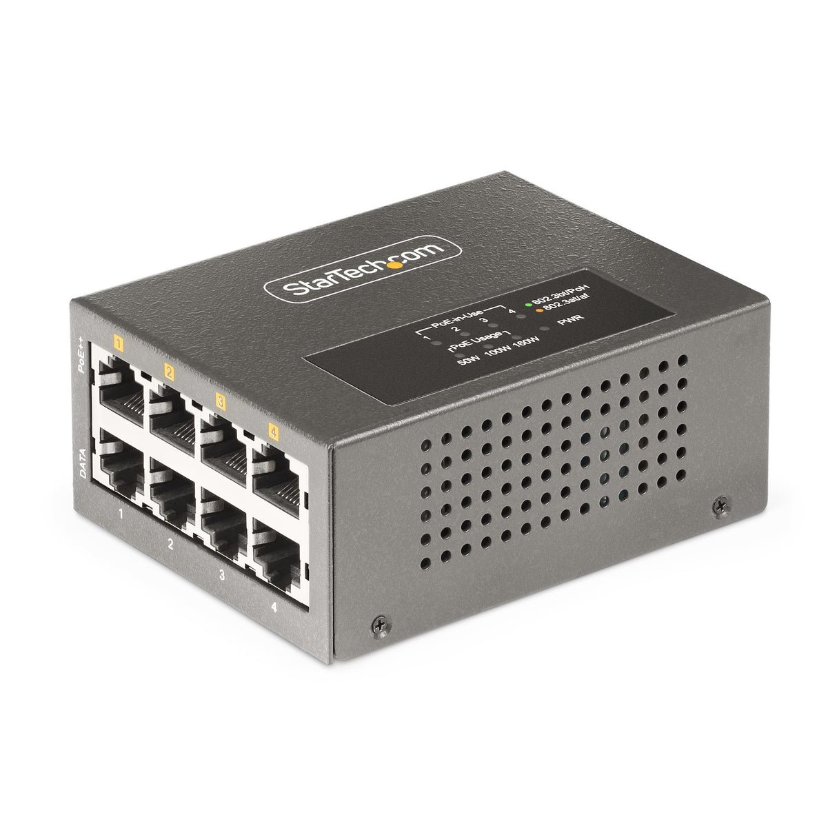 StarTech.com 4-Port Multi-Gigabit PoE++ Injector, 5/2.5/1G Ethernet (NBASE-T), PoE/PoE+/PoE++ (802.3af/802.3at/802.3bt), 160Watts Power Budget, Wall/DIN Rail Mountable, Unmanaged - TAA