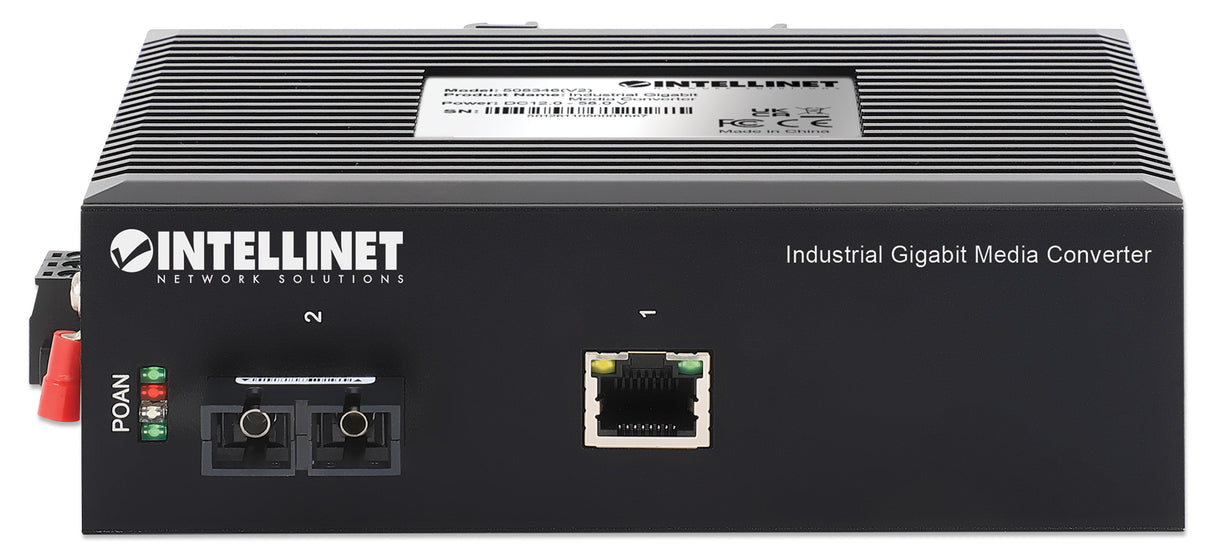Intellinet Industrial Gigabit Media Converter 10/100/1000Base-TX to 1000Base-LX (SC) Single-mode, 20 km (12.4 mi.), IP40-rated Metal Housing, DIN-Rail Mount