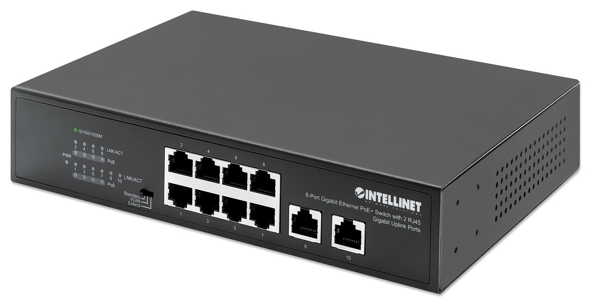 Intellinet 8-Port Gigabit Ethernet PoE+ Switch with 2 RJ45 Gigabit Uplink Ports, IEEE 802.3at/af Power over Ethernet (PoE+/PoE) Compliant, 120 W, Endspan, Desktop (WITH C14 2 PIN POWER CORD)
