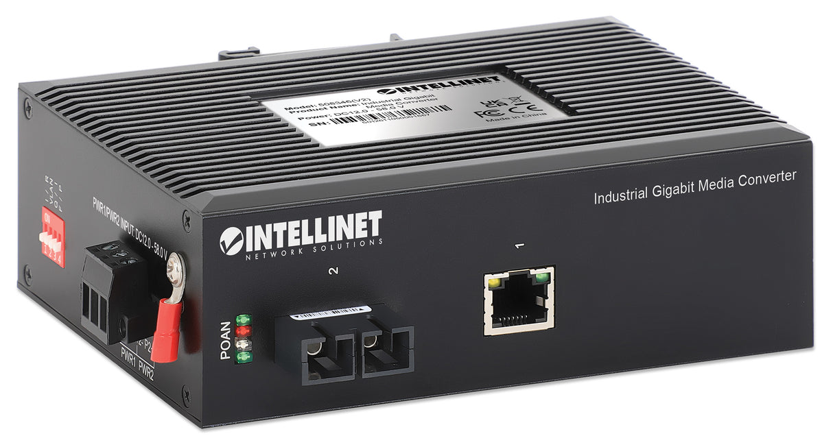 Intellinet Industrial Gigabit Media Converter 10/100/1000Base-TX to 1000Base-LX (SC) Single-mode, 20 km (12.4 mi.), IP40-rated Metal Housing, DIN-Rail Mount