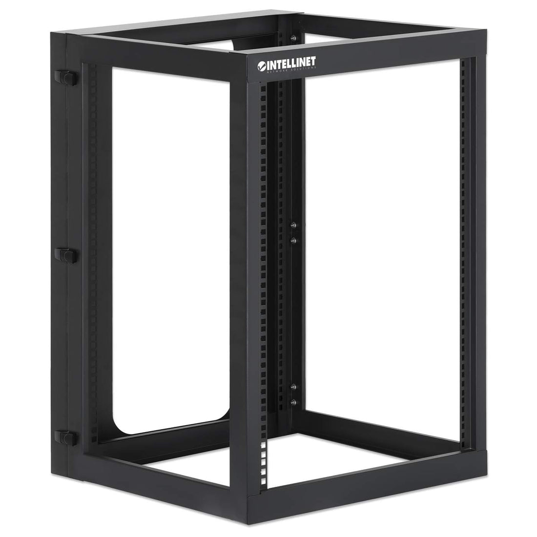 Intellinet Wall Mount Open Frame Network Rack, 15U, Rear-hinged Swing Frame, Assembled, 4-Post, 23.6 in., Black RAL 9004