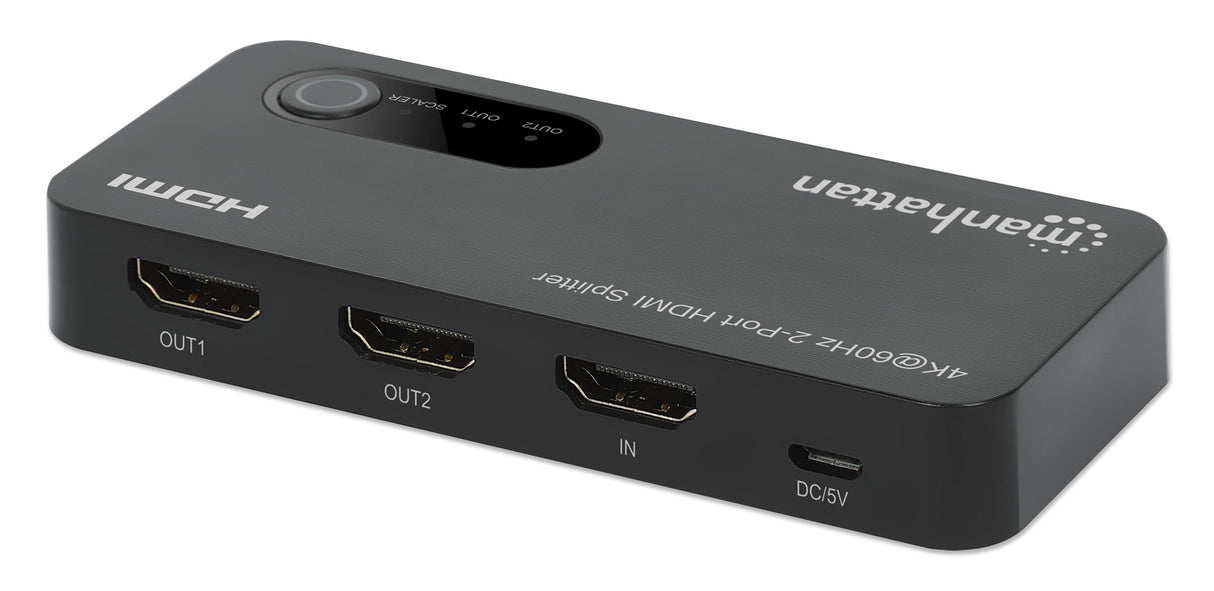 Manhattan 4K@60Hz 2-Port HDMI Splitter Splits One HDMI Input to Two HDMI Outputs (1x2), 18G, Micro-USB input for power, EDID Switch for Downscaling to 1080p, Black, 3 year warranty