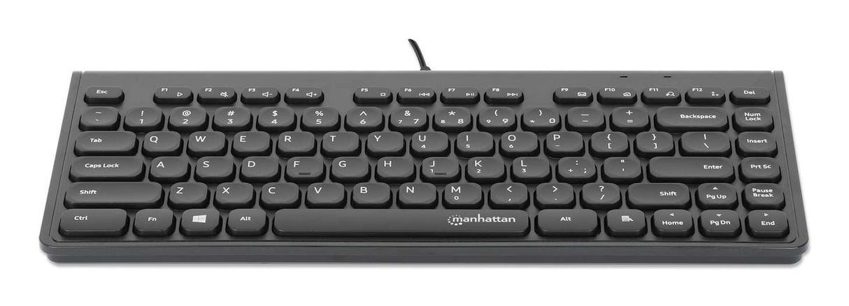 Manhattan Slim Wired USB Mini Keyboard, 12 Multimedia/Function Keys, Built-in 1.5 m (5 ft.) USB-A Cable, Compact, Low-Profile Format, for PC and Laptop, Black