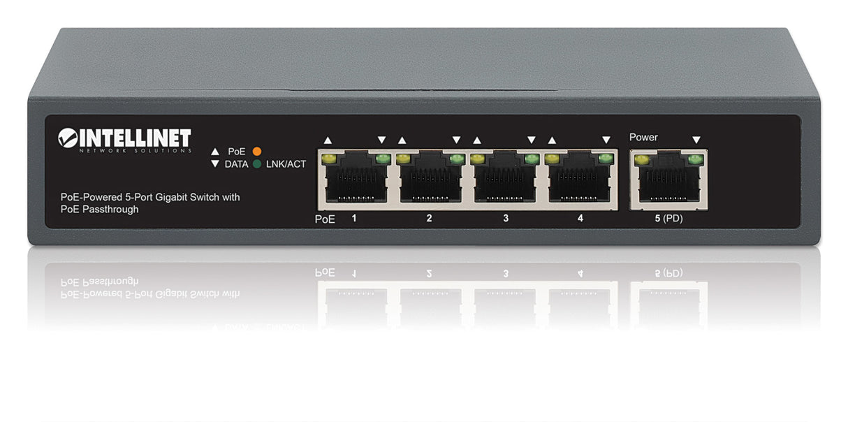 Intellinet 5-Port Gigabit Switch with PoE Passthrough, One IEEE 802.3bt (PoE++ / 4PPoE) PD PoE Port with 95 W Power Input, Four PSE PoE ports, PoE Power Budget up to 65 W, IEEE 802.3at/af Compliant Output, Desktop, Wall-mount Option