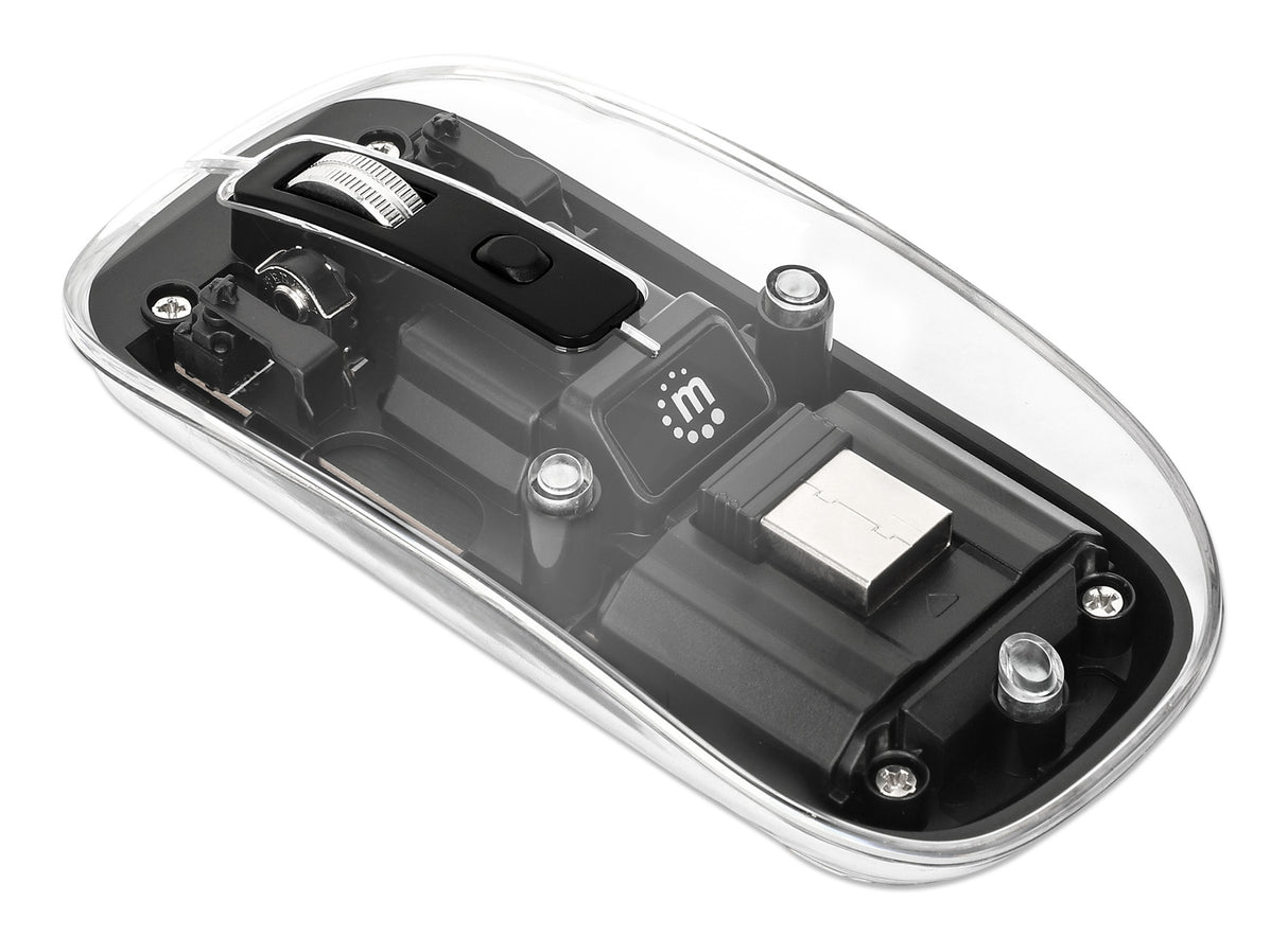 Manhattan Transparent Rechargeable Wireless Mouse, Clear/Black, Adjustable 800/1200/1600dpi, With RGB LED light, 2.4Ghz (effective range up to 10m), USB, Optical, Ambidextrous, Four Button with Scroll Wheel, Slim Design, USB-A micro receiver...