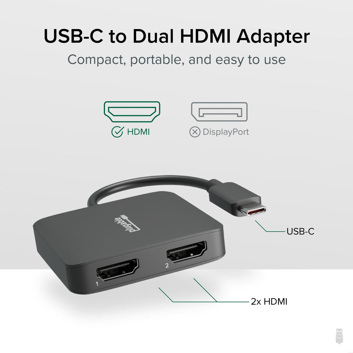 Plugable Technologies USB C to HDMI Adapter for Dual Monitors 4K 60Hz, Compatible with Windows, Chromebook, USBC Thunderbolt USB4 Laptops, MST Extended Display Type C Multi HDMI Port Adapter, Driverless USBC-MSTH2