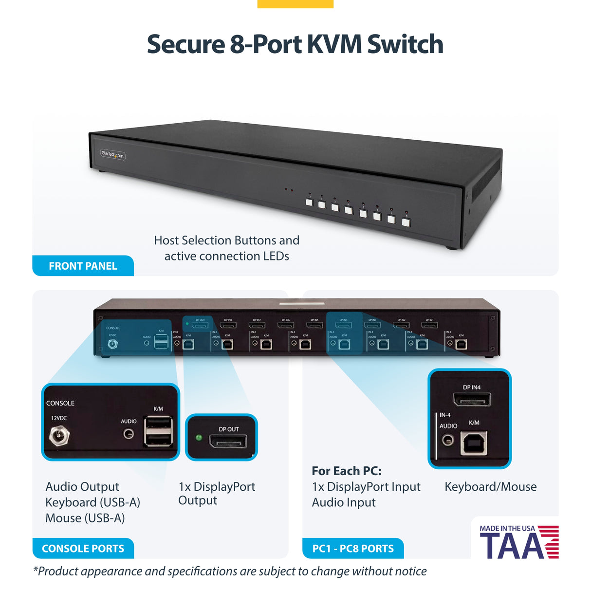 StarTech.com Secure 8-Port KVM Switch, DisplayPort, 4K 60Hz, NIAP 4.0 Desktop KVM, Metal Housing, Made in the USA