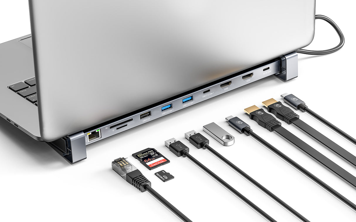 Manhattan USB-C Dock/Hub with Card Reader and MST, Ports (x7): Ethernet, HDMI (x2 4k@60Hz), USB-A (x3) and USB-C, with Power Delivery (PD) 100W- requires external USB-C charger (not included). USB powered (no external power supply required) when PD...