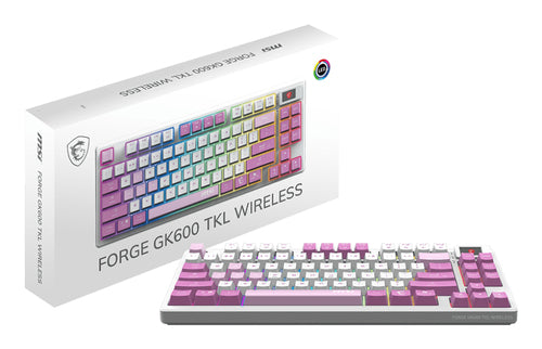 MSI FORGE GK600 TKL WIRELESS VIOLET keyboard Gaming USB + Bluetooth QWERTY Spanish Pink, Violet, White