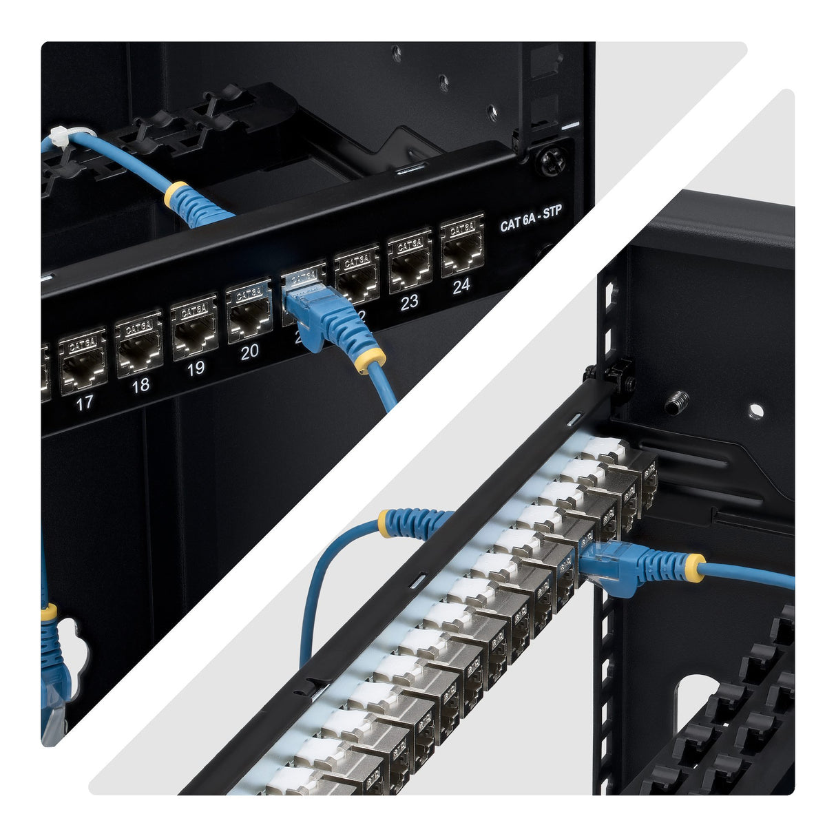StarTech.com 24 Port 1U Feed Through Patch Panel with Cable Management Bar, Rackmount Shielded Cat6a Ethernet Patch Panel with RJ45 STP Inline Couplers