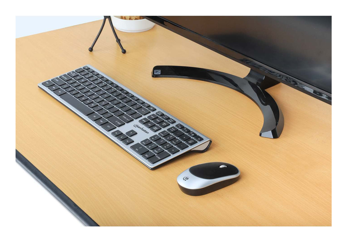Manhattan One Single USB-A Nano Receiver for Both, Full-Size Wireless Keyboard, Ambidextrous Optical Mouse with Three Buttons and Scroll Wheel, 1200 dpi, Silver/Black