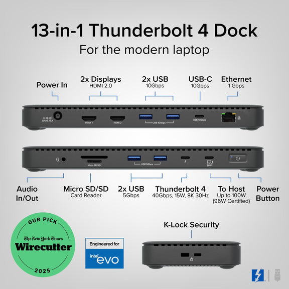 Plugable Technologies TBT4-UD5 laptop dock/port replicator Wired USB 3.2 Gen 2 (3.1 Gen 2) Type-C Black