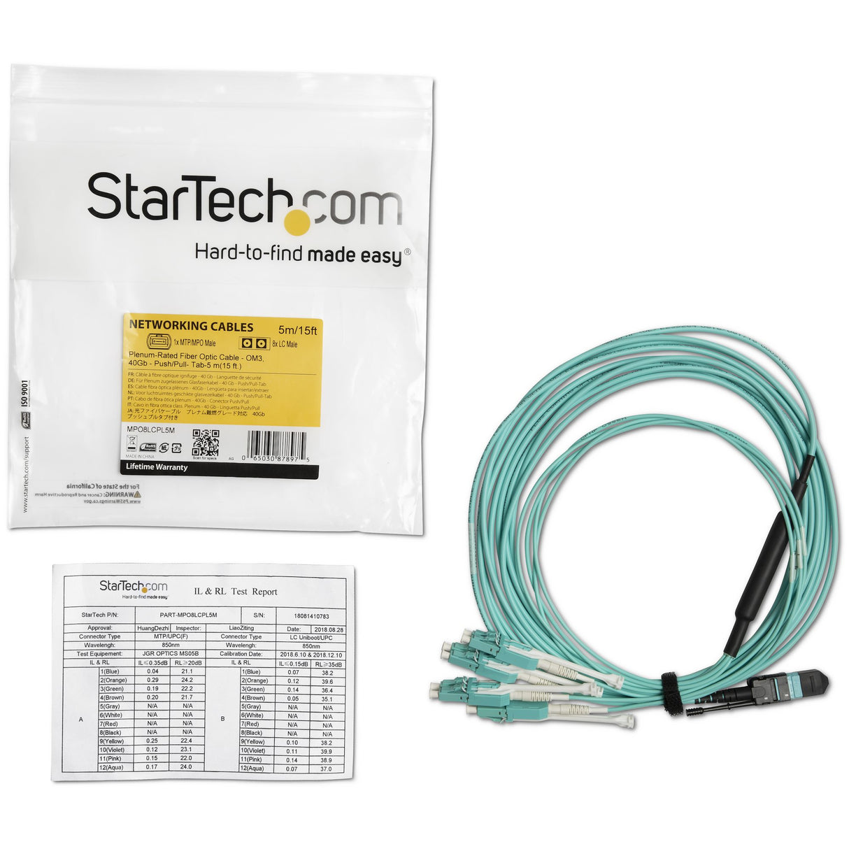 StarTech.com 5m (16.4ft) MTP(F)/PC to 4x LC/PC Duplex Breakout OM3 Multimode Fiber Optic Cable, OFNP Plenum, 40G Networks, Low Insertion Loss - Fiber Jumper Cord