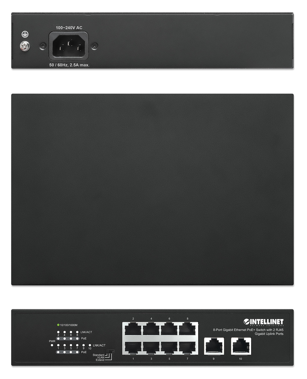 Intellinet 8-Port Gigabit Ethernet PoE+ Switch with 2 RJ45 Gigabit Uplink Ports, IEEE 802.3at/af Power over Ethernet (PoE+/PoE) Compliant, 120 W, Endspan, Desktop (WITH C14 2 PIN POWER CORD)