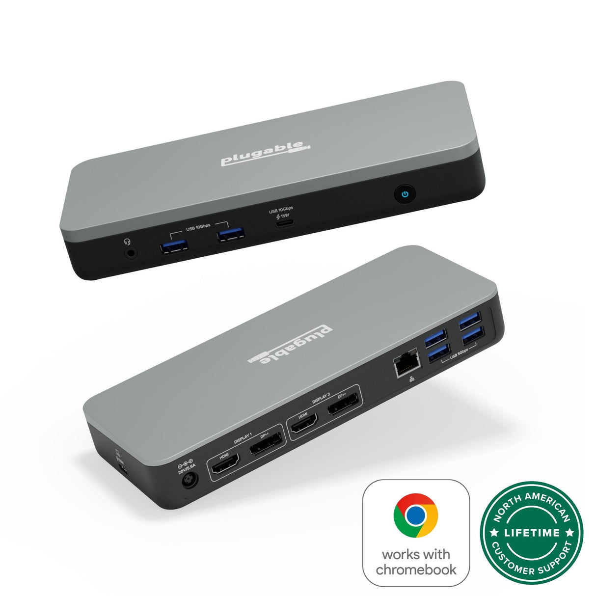 Plugable Technologies USB-C Dual Monitor Docking Station, Certified Works with Chromebook, 60W Charging