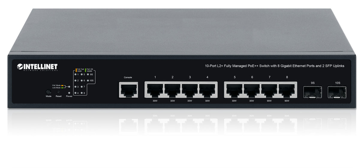 Intellinet 10-Port L2+ Fully Managed PoE++ Switch with 8 Gigabit Ethernet Ports and 2 SFP Uplinks