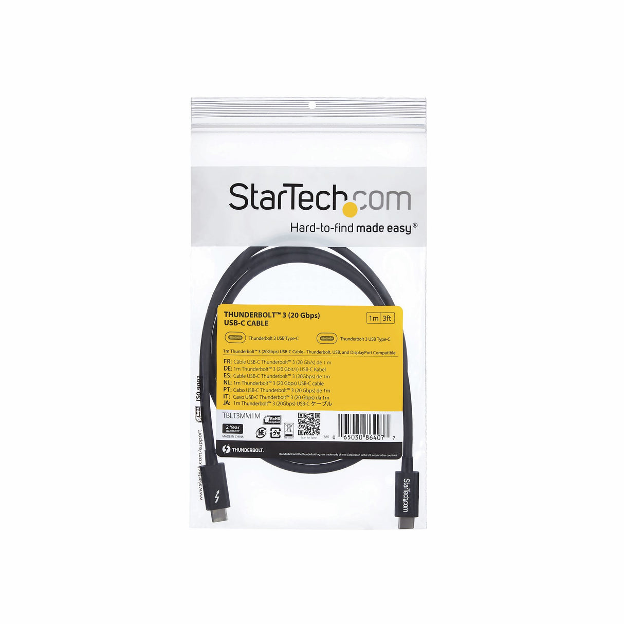 StarTech.com 3.3ft (1m) Thunderbolt 3 Cable, 20Gbps, 100W PD, 4K, Thunderbolt Certified, Compatible with Thunderbolt 4/USB 3.2/DisplayPort