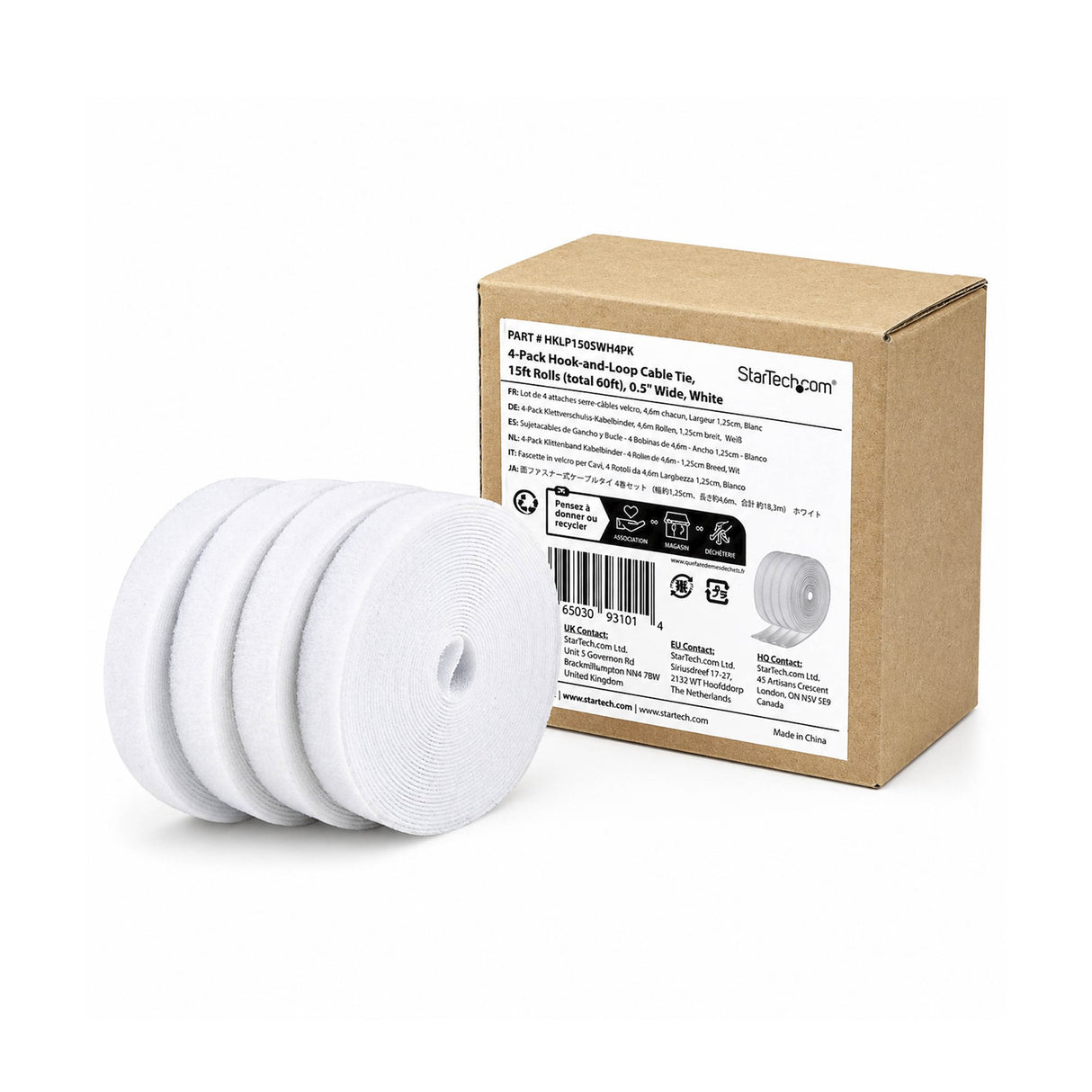 StarTech.com 4-pack 15ft (4.6m) Hook and Loop Roll, 0.5in Wide, White, Cut-to-Size Reusable Cable Ties, Fastener Tape, Adjustable Fabric Wraps, Bulk Roll