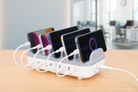 Manhattan Charging Station, 10x Ports: 3x USB-C (up to 18W PD) and 7x USB-A (up to 12W), 120W Total Output, White/Grey, Three Year Warranty