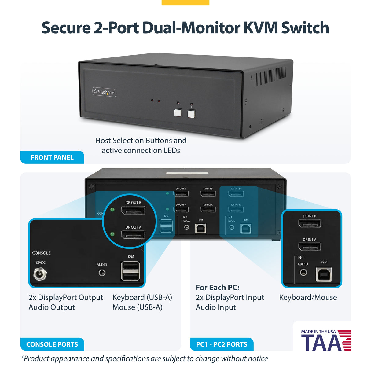 StarTech.com Secure 2-Port Dual-Monitor KVM Switch, DisplayPort, 4K 60Hz, NIAP 4.0 Desktop KVM, Metal Housing, Made in the USA