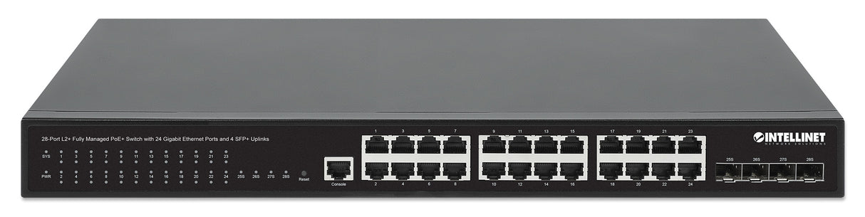 Intellinet 28-Port L2+ Fully Managed PoE+ Switch with 24 Gigabit Ethernet Ports and 4 SFP+ Uplinks IEEE 802.3at/af (PoE+/PoE) Compliant, 370 W PoE Power Budget, Layer 2+/Layer 3 Lite, Four 10G SFP+ Open Slots, Self-Healing Network, 19" Rackmount