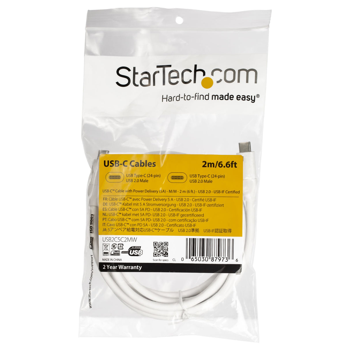 StarTech.com 6.6ft (2m) USB-C Fast Charging Cable, Charge & Sync, 100W (5A) PD, USB 2.0, USB-IF Certified - White USB C Charging Cord