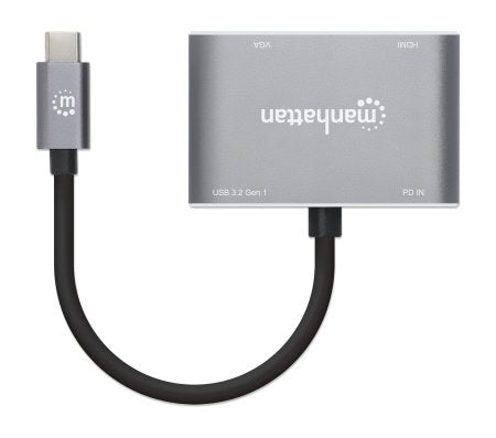 Manhattan USB-C Dock/Hub, Ports (x4): HDMI, USB-A, USB-C and VGA, with Power Delivery (PD) 87W- requires external USB-C charger (not included). USB powered (no external power supply required) when PD is not in use, Aluminium